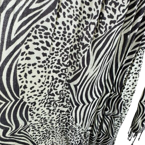 Black Cream Leopard Zebra Fringe 100% Viscose Lightweight Blanket Scarf - Picture 2 of 5